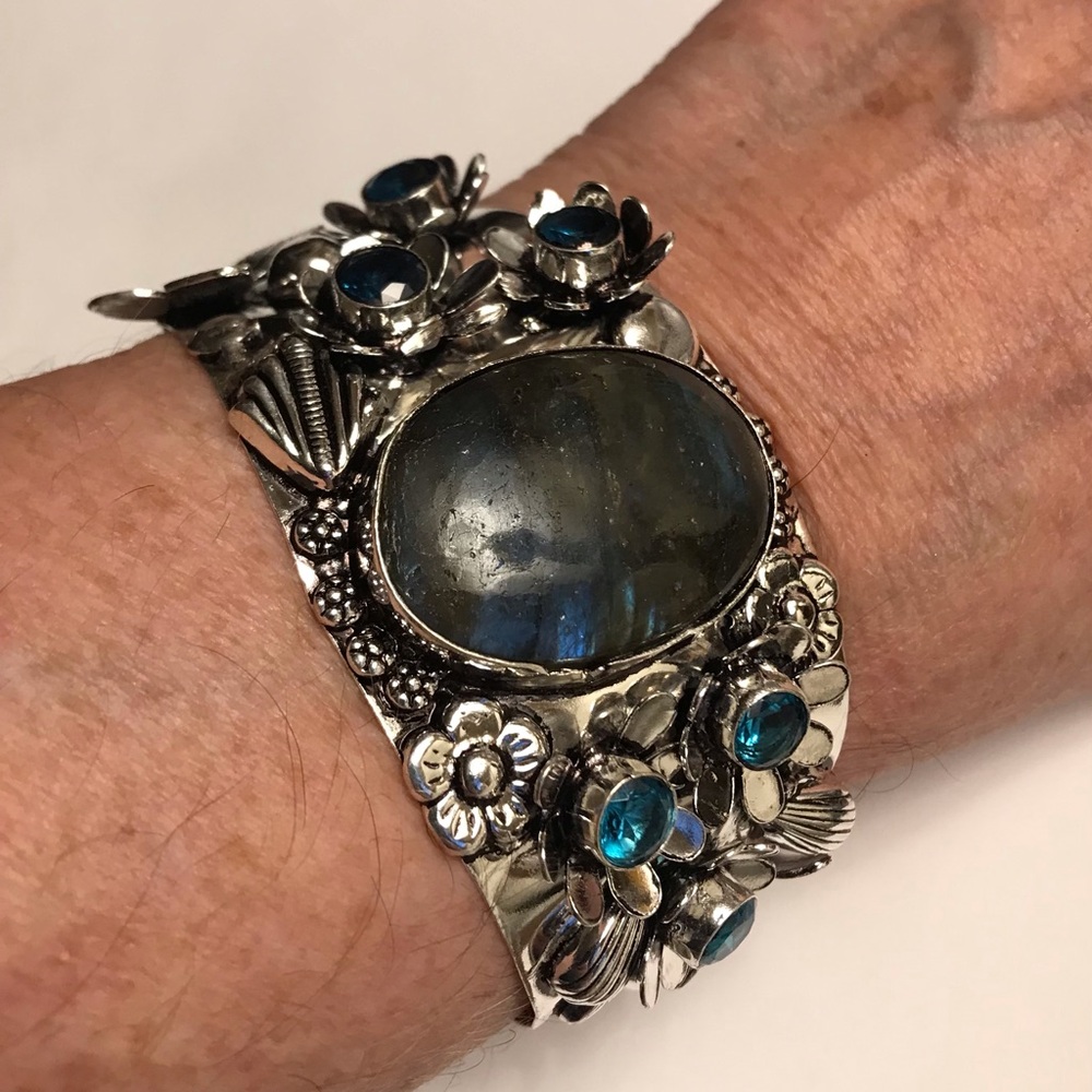 Labradorite Blue Topaz Stamped Solid 925 Sterling Silver Cuff Bracelet